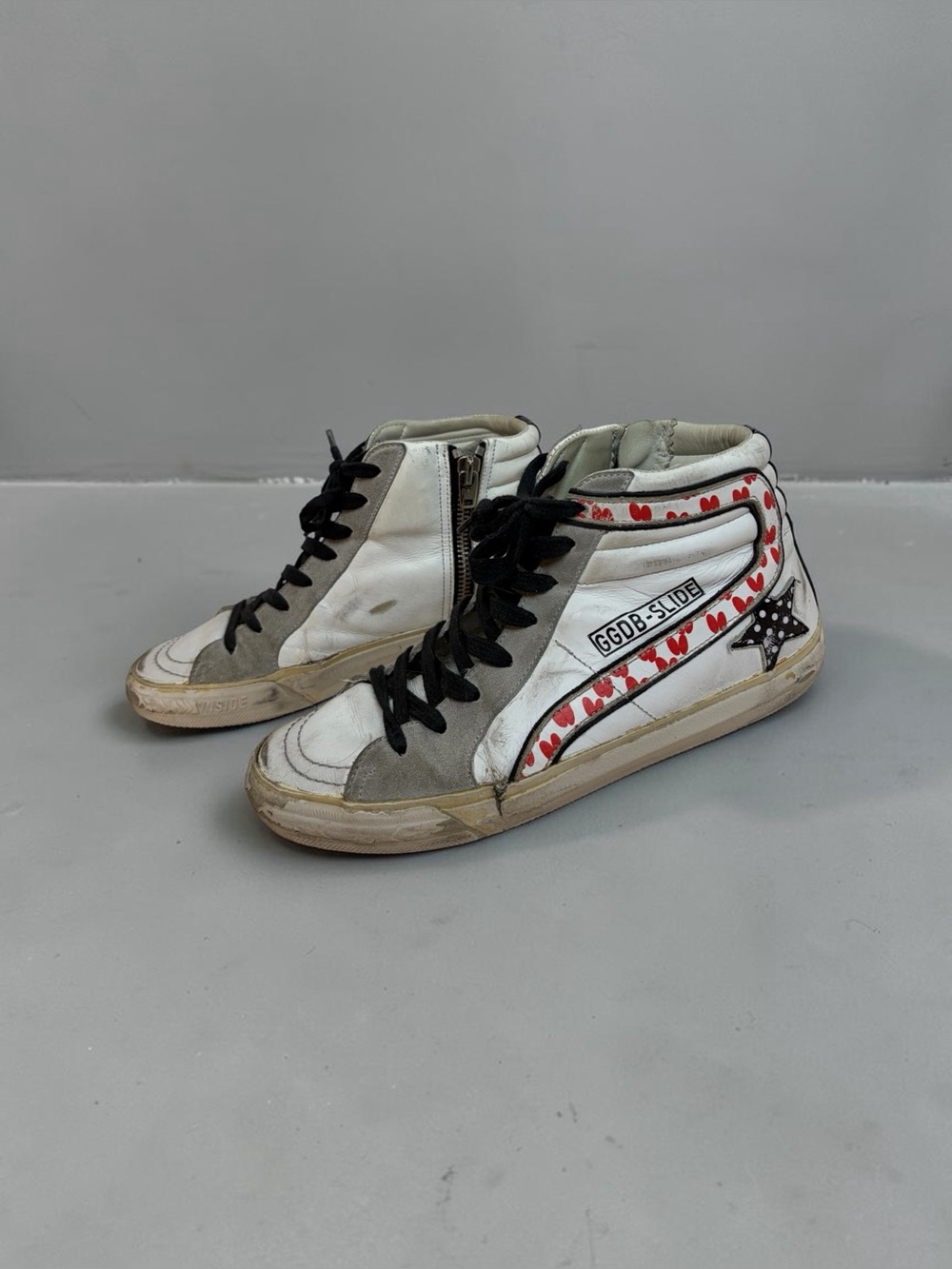 Golden Goose Slide High-Top Sneakers in White with Red Hearts and Black Star